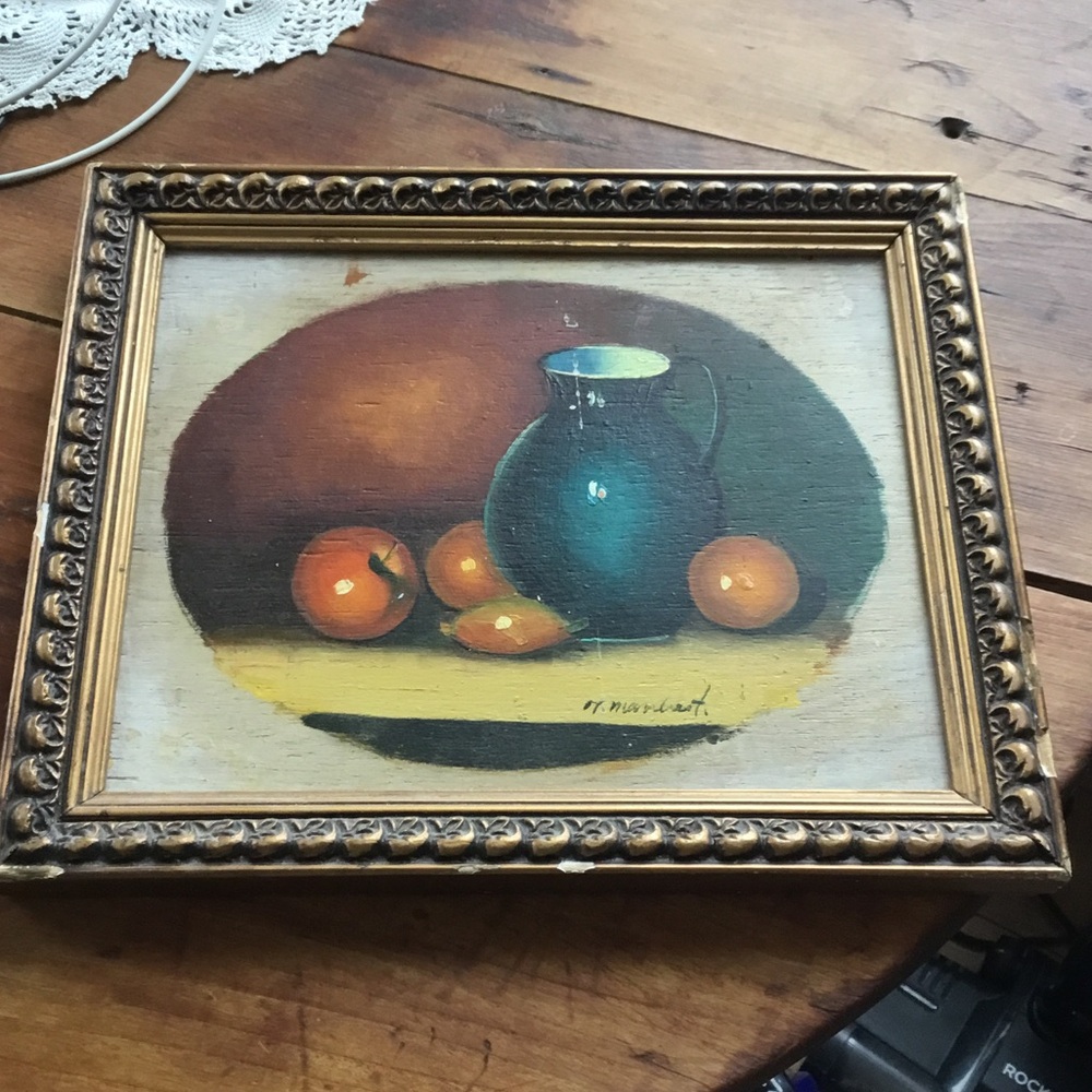 Framed Still Life Wall Art - Teal Pitcher and Oranges- as found condition.